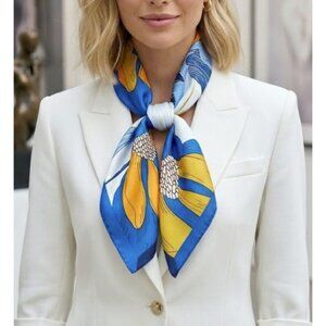 Elegant Bandana Floral Silky Square Scarf Luxurious BLUE ORANGE Soft Satin Hijab